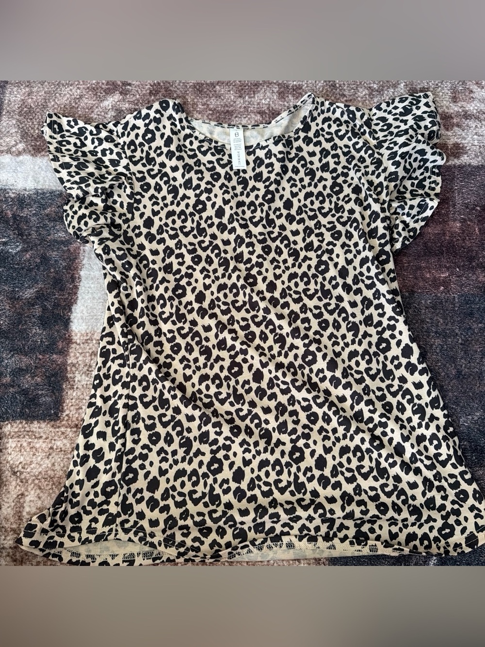 Leopard Print Flutter Sleeve Women's Top - Beige/Black